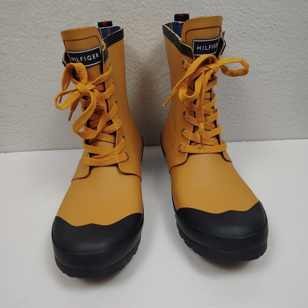 Tommy Hilfiger Renegade Rain Boots Womens 10 Yellow Blue Lace Up